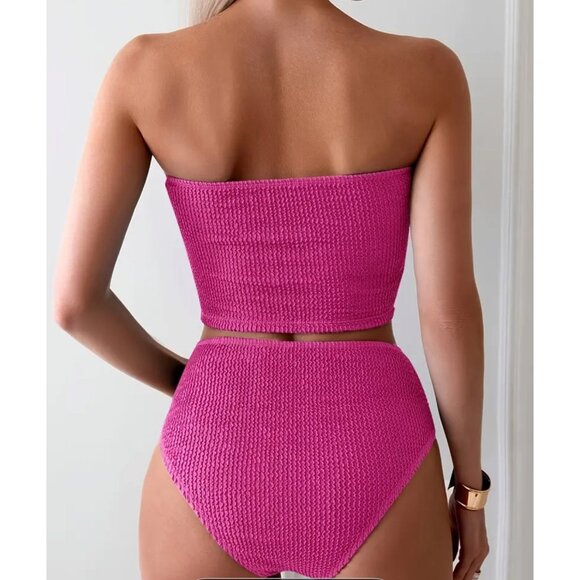 Strapless Hot Pink Smocked Bikini XL  - High Waist Bottom & Crop Top - Picture 2 of 5